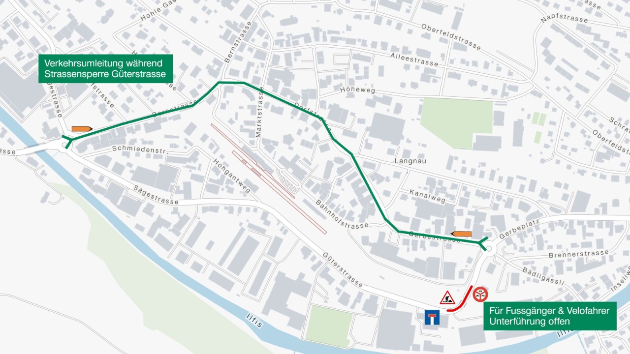 Die Grafik zeigt vereinfacht die Umleitungsroute.