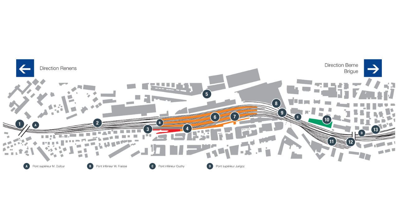Les étapes de la gare de Lausanne, avec les mises en services et les durées de travaux.