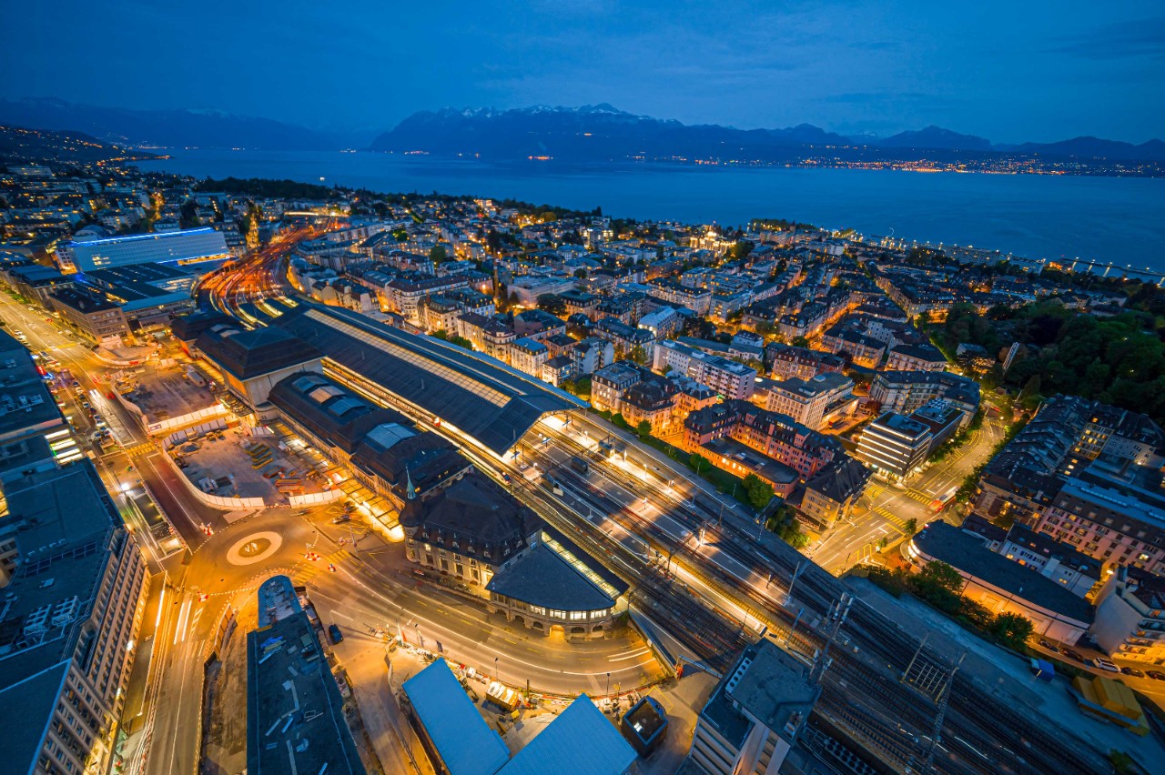 Lausanne station and its construction site, viewed from the sky.