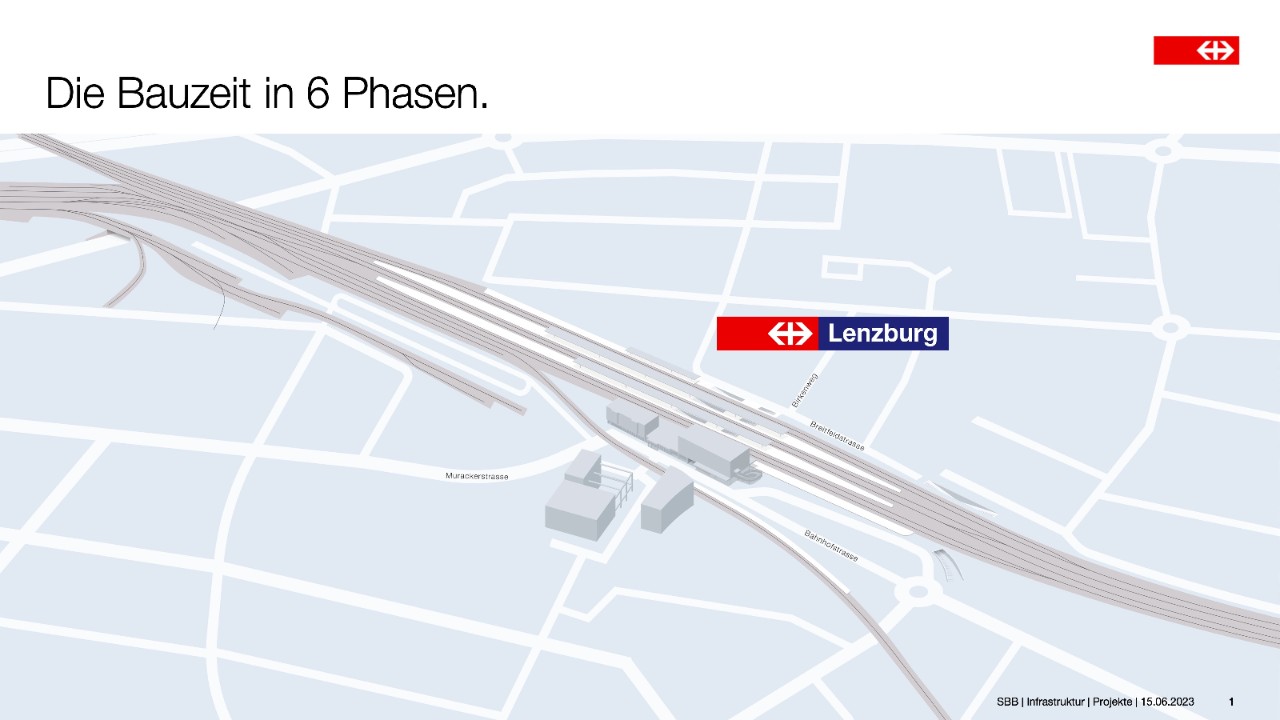 Diese vereinfachte Grafik zeigt einen schematischen Plan vom Bahnhof Lenzburg. Vorbehältlich, dass die Baubewilligung vorliegt, sind folgende 6 Bauphasen geplant.