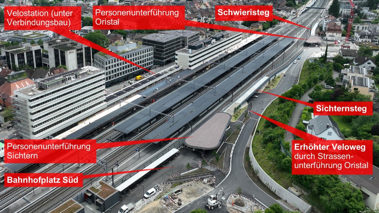 Das Foto vom 4. Juni 2024 zeigt den Stand der Arbeiten für den Sichternsteg vom Sichternquartier in Richtung Stedtli gesehen.