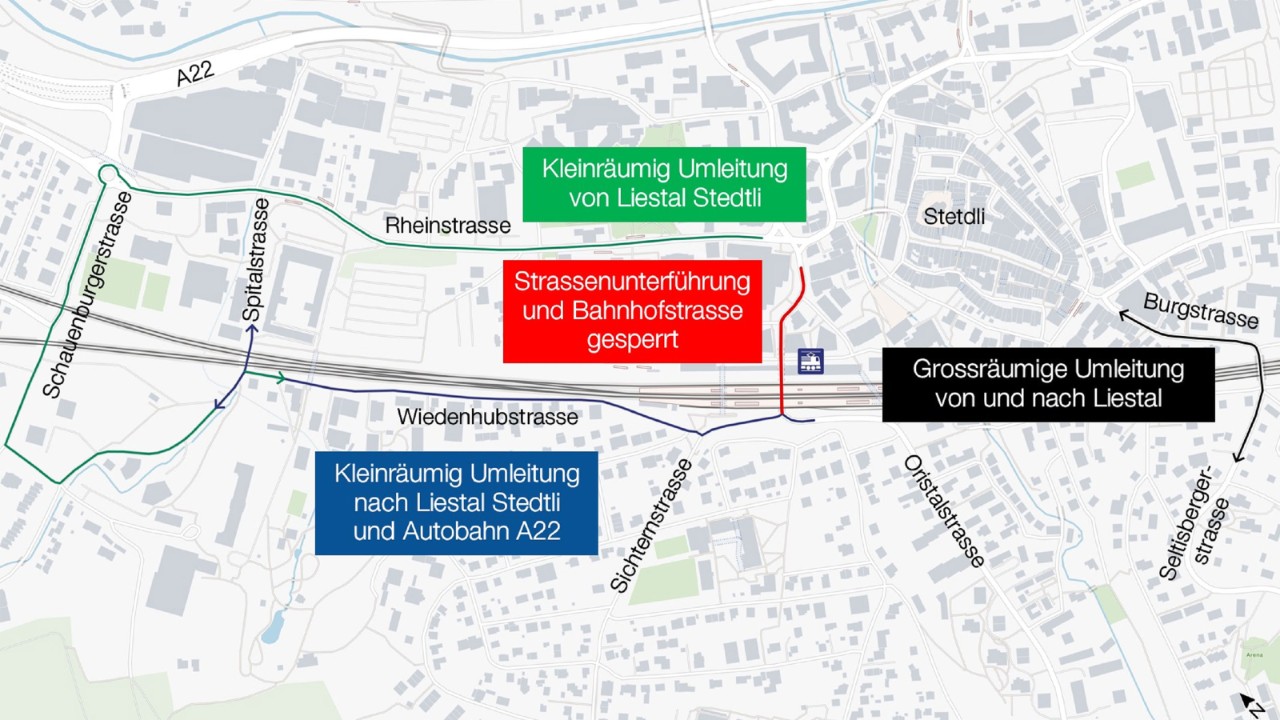 Umleitungen für den motorisierten Verkehr während der beiden Sperren der Strassenunterführung Oristal und Bahnhofstrasse vom 12. bis 15. Juli und 19. bis 22. Juli. 