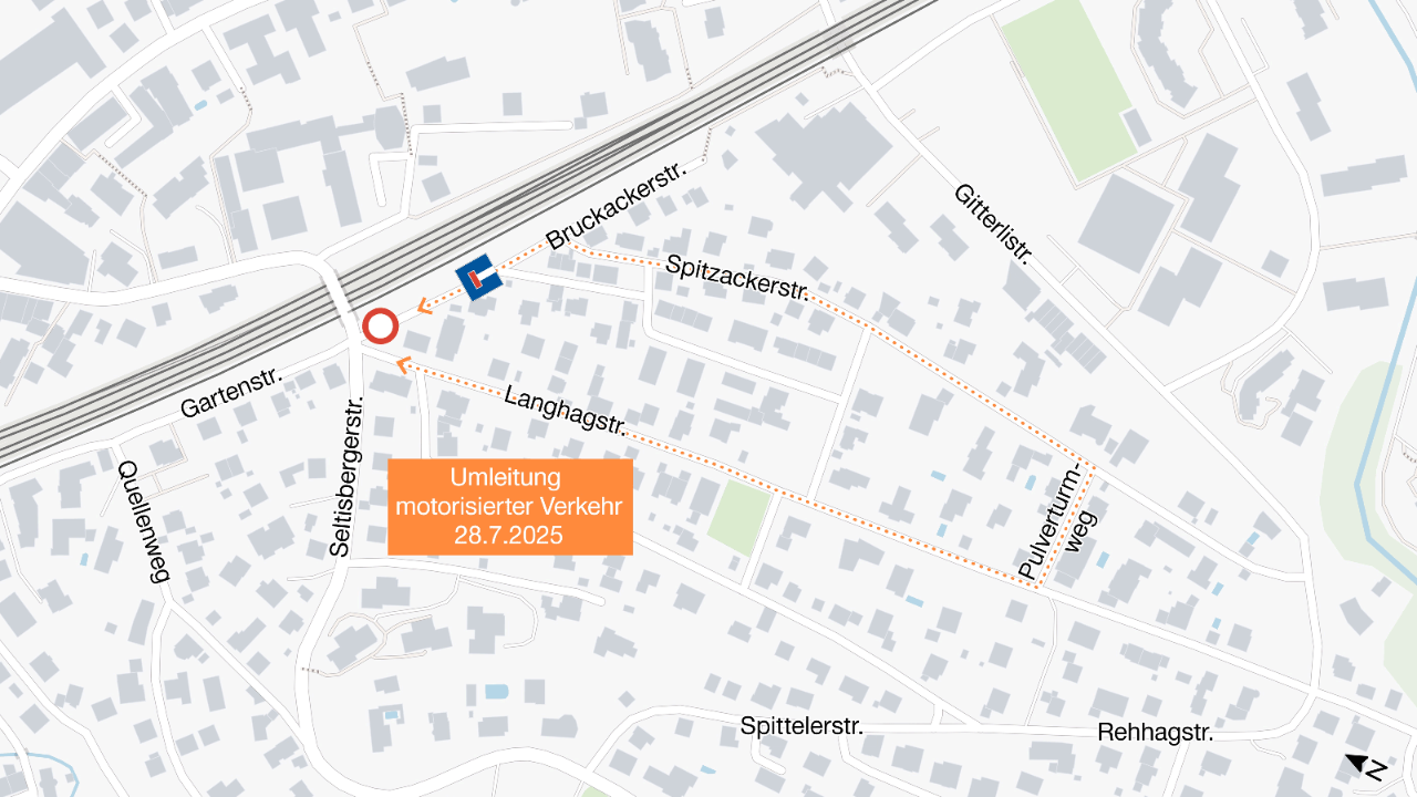 Der Plan illustriert die oben beschriebenen Verkehrseinschränkungen von 28. Juli 2025, 5 Uhr, bis 29. Juli 2025, ca. 5 Uhr.