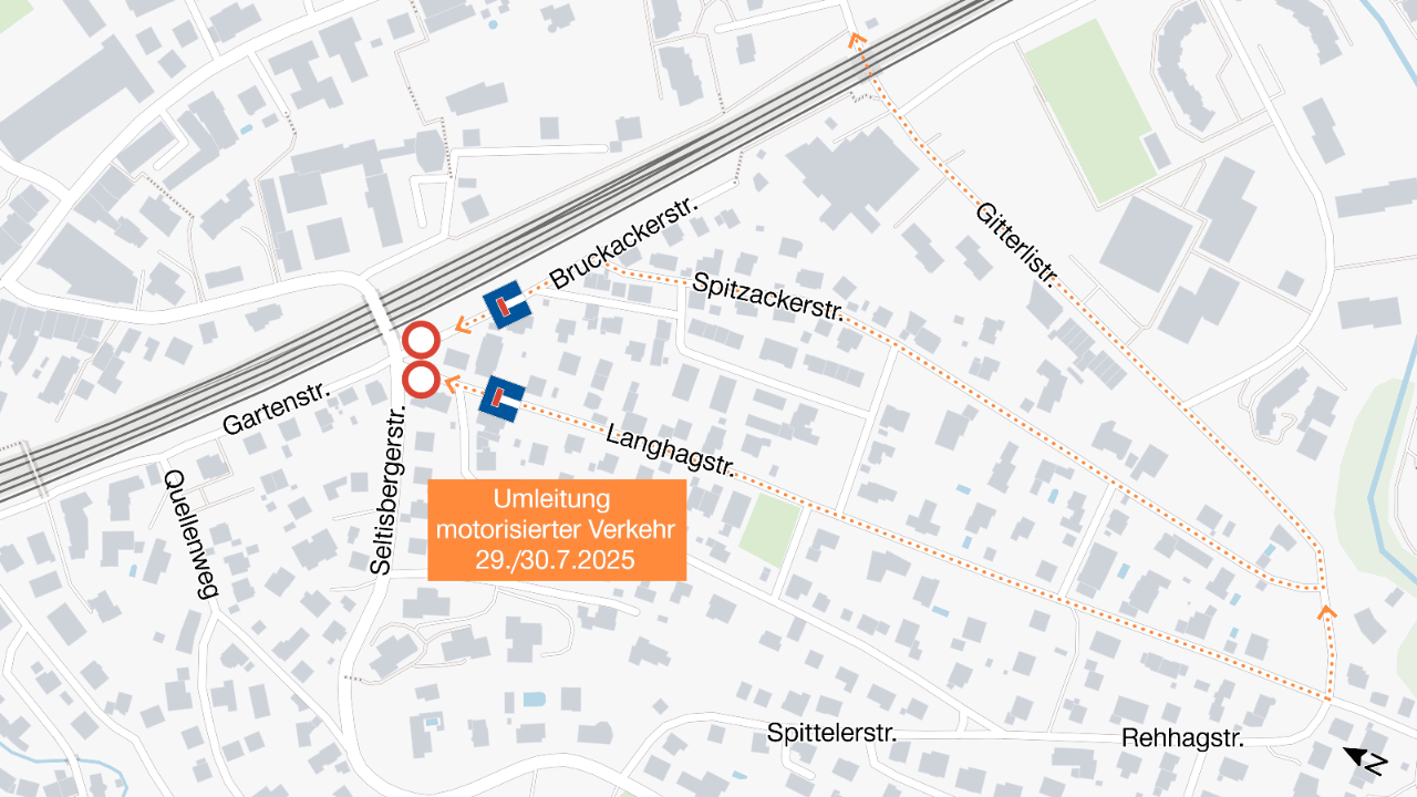 Der Plan illustriert die oben beschriebenen Verkehrseinschränkungen von 29. Juli 2025, ca. 5 Uhr, bis 31. Juli 2025, ca. 5 Uhr.