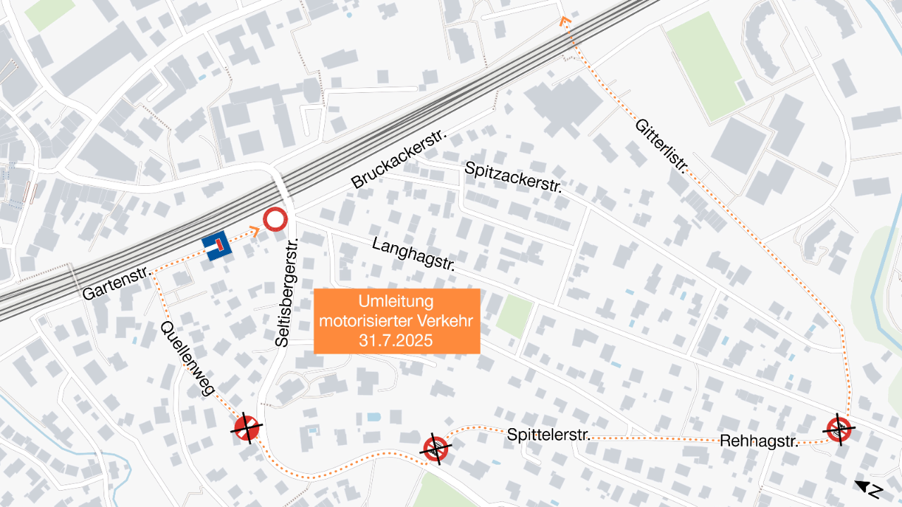 Der Plan illustriert die oben beschriebenen Verkehrseinschränkungen von 31. Juli 2025, ca. 5 Uhr, bis 1. August 2025, ca. 8 Uhr.