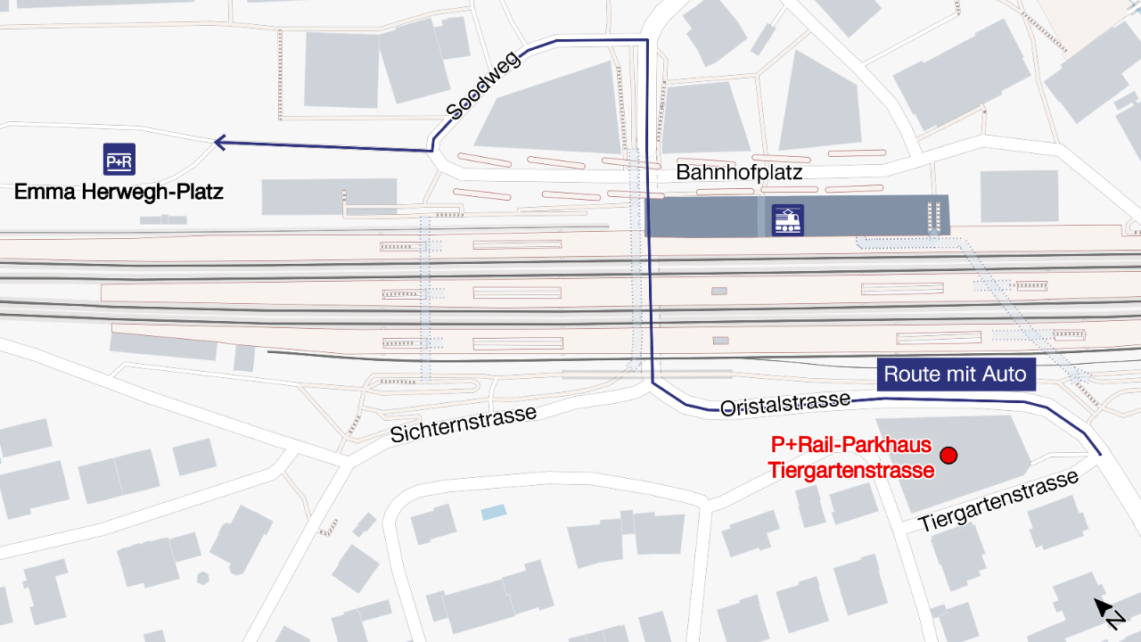 Die Grafik zeigt die Lage des künftigen P+Rail-Parkhauses Tiergartenstrasse in Liestal sowie die Route zu den alternativen Parkplätzen auf der P+Rail-Anlage am Emma Herwegh-Platz. 