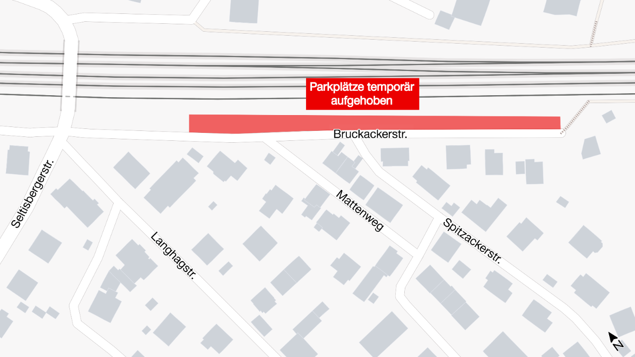 Die Grafik zeigt eine Karte der Bruckackerstrasse in Liestal. Der Bereich, in welchem in der besagten Zeit die Parkplätze temporär aufgehoben sind, ist rot eingezeichnet.