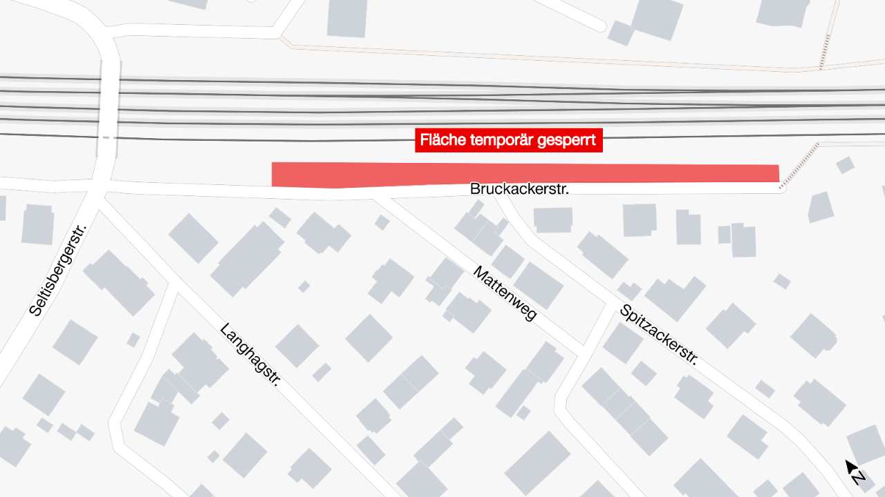 Die Grafik zeigt rot eingezeichnet den Bereich zwischen Bruckackerstrasse und Gleisen, der während den Bauarbeiten gesperrt ist.  