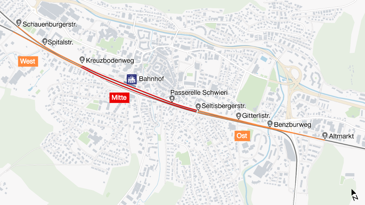 Die Grafik zeigt die Baubereiche in Liestal, welche in der Tabelle obenan in der letzten Spalte erwähnt werden: Der Bereich West liegt zwischen Schauenburgerstrasse und Kreuzbodenweg, der Bereich Mitte zwischen Kreuzbodenweg und Seltisbergerstrasse und der Bereich Ost zwischen Seltisbergerstrasse und Altmarkt.