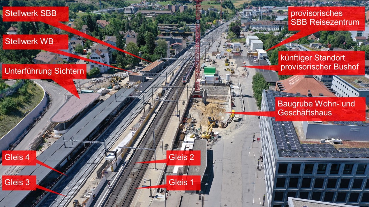 Das Foto vom 2. Juli 2022 zeigt die Arbeiten im westlichen Bereich des Bahnhofs Liestal in Richtung Basel gesehen. Nördlich des Gleisfeldes wird die Baugrube für das Wohn- und Geschäftshaus ausgehoben. Dahinter – auf dem Emma-Herwegh-Platz – befindet sich ab Ende September 2022 der provisorische Bushof. Hinter dessen Standort liegt  – seit 30. Juni 2022  – das provisorische SBB Reisezentrum.