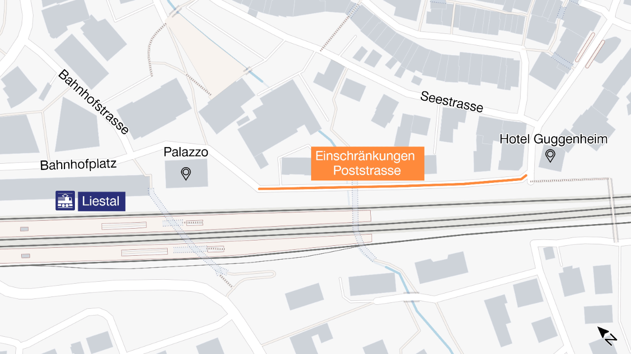 Die Grafik zeigt in Orange den Abschnitt auf der Poststrasse, auf welchem es zu Wartezeiten kommen kann.