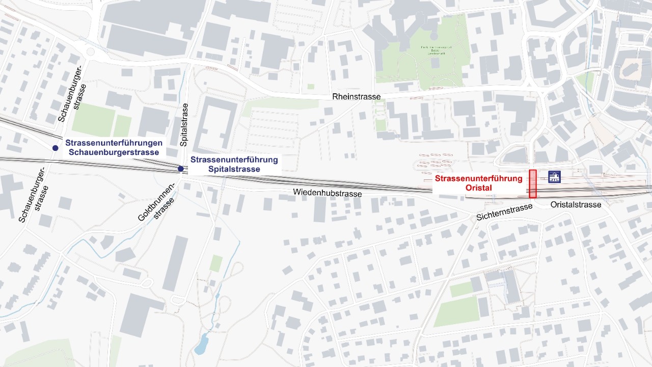 Die Grafik zeigt die Lage der Strassenunterführung Oristal sowie die alternativen Querungsmöglichkeiten via den Unterführungen Spital- und Schauenburgerstrasse.