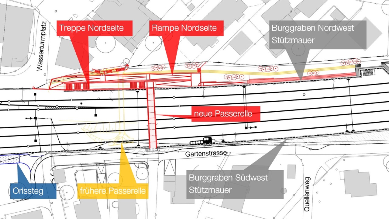 Der Plan zeigt in Rot eingezeichnet die neu geplante Passerelle.