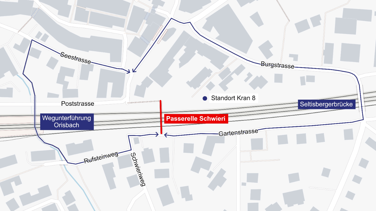 Die Grafik zeigt in Rot die gesperrte Passerelle Schwieri sowie die Umleitungen via Wegunterführung Orisbach und Seltisbergerbrücke.