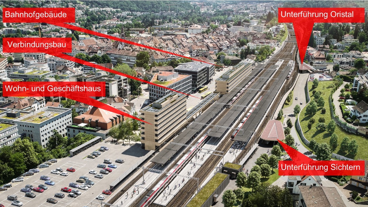 Die Visualisierung zeigt das künftige Bahnhofensemble von Südwesten in Richtung Olten gesehen. Links der Gleise befinden sich, von unten nach oben, das Wohn- und Geschäftshaus, der Verbindungsbau und das Bahnhofgebäude. Rechts der Gleise sind die südlichen Zugänge zu den Personenunterführungen Sichtern und Oristal ersichtlich. 