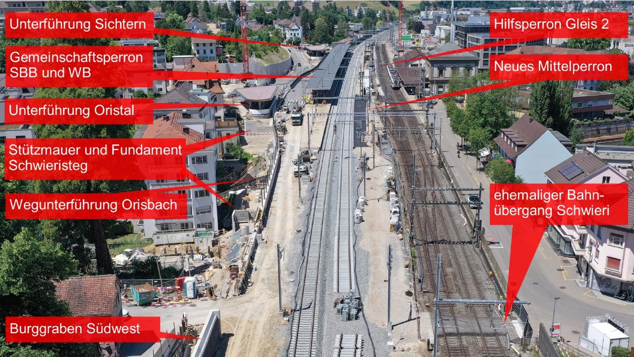 Das Foto vom 2. Juli 2022 zeigt die Arbeiten vom westlichen Ende des Burggrabens in Richtung Basel gesehen. Die Arbeiten für die beiden neuen SBB Gleise laufen. Oben im Bild ist der Bahnhof Liestal gut sichtbar. Man sieht auf der Südseite die neuen Unterführungszugänge sowie in der Mitte die neuen Perrons. 