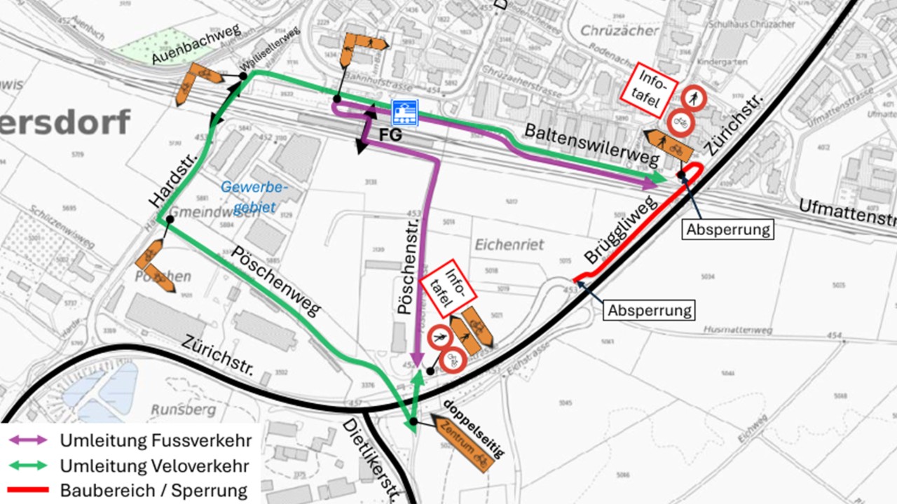 auf dem Plan ist die Umleitung aufgrund der Sperrung Fuss- und Veloweg beim Brüggliweg markiert.