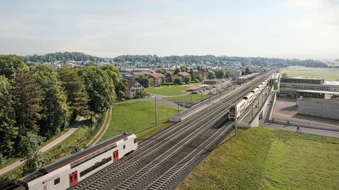 Auf dem Bild ist der ausgebaute Bahnhof Bassersdorf visualisiert. 