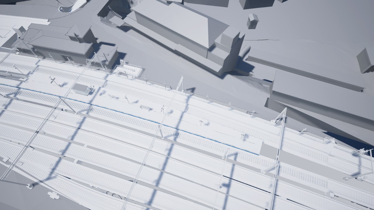 Die Visualisierung zeigt aus schräger Vogelperspektive mehrere Gleise mit Oberleitungen sowie ein provisorisches Hilfsperron entlang der Bahnanlagen. Das Hilfsperron ist parallel zu den Gleisen angeordnet und über Treppen und Wege erschlossen, angrenzend an bestehende Gebäude. Die schematische Darstellung veranschaulicht die Lage des temporären Perrons im Bahnhofsumfeld.