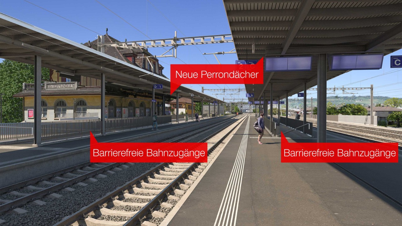 Visualisierung des künftigen Bahnhofs Ostermundigen, Blick von Gleis 3 Richtung Norden. Der neue barrierefreie Zugang zwischen Unterführung und Perron via Rampe ist sichtbar.