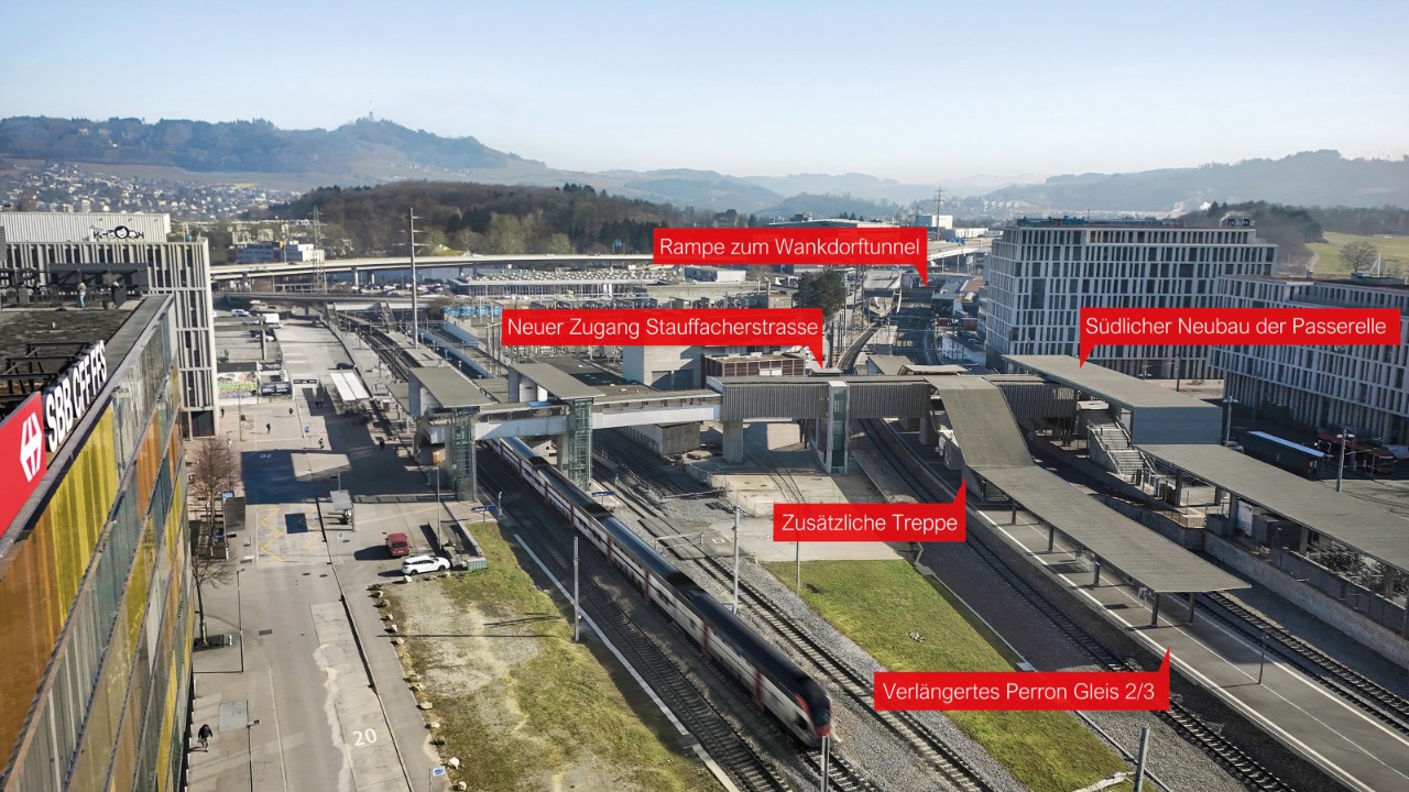 Visualisierung zeigt Blick auf den neuen südlichen Teil der Passerelle (rechts) mit dem verlängerten Perron Gleis 2/3.