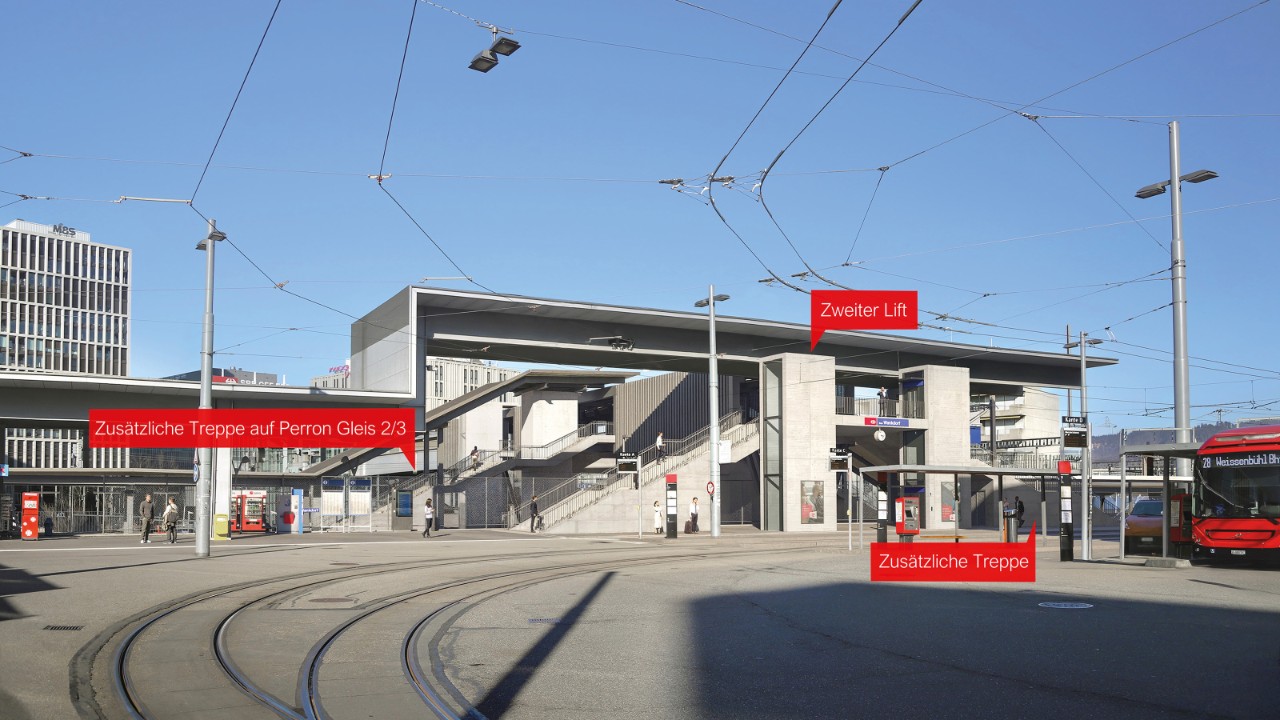 Visualisierung zeigt Blick vom Max-Daetwyler-Platz auf die neu gebaute südliche Passerelle mit zusätzlichem Lift und zusätzlichen Treppen.