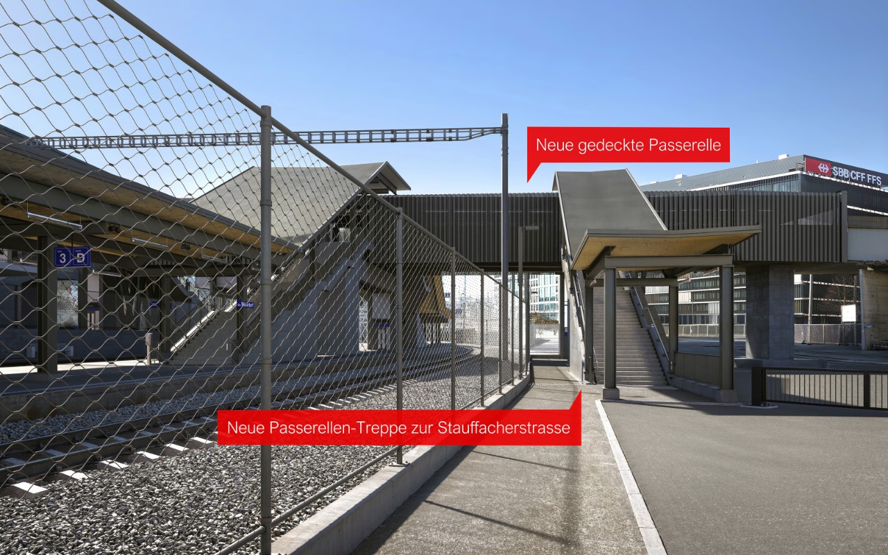 Visualisierung zeigt den neuen Zugang zur Hauptpasserelle von der Stauffacherstrasse.