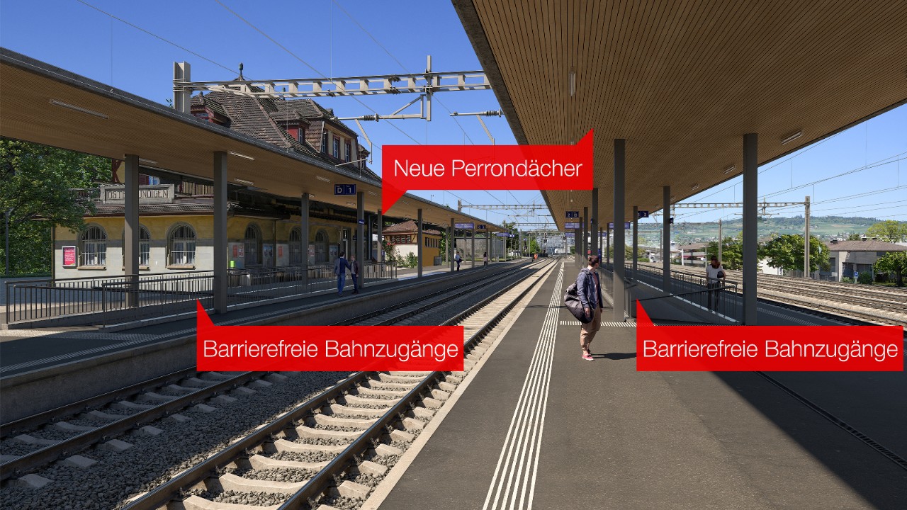 Visualisierung des künftigen Bahnhofs Ostermundigen, Blick von Gleis 3 Richtung Norden. Der neue barrierefreie Zugang zwischen Unterführung und Perron via Rampe ist sichtbar.