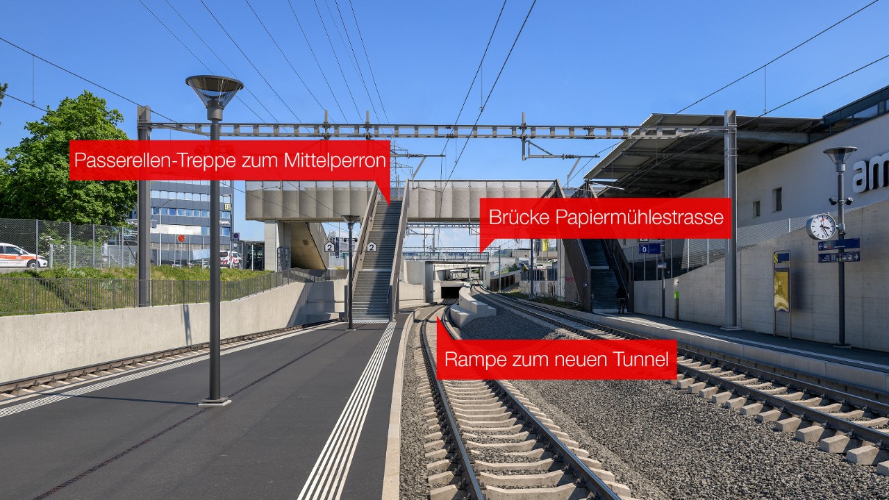 Visualisierung zeigt Blick vom Bahnhof Wankdorf Richtung Ostermundigen auf das Tunnelportal.