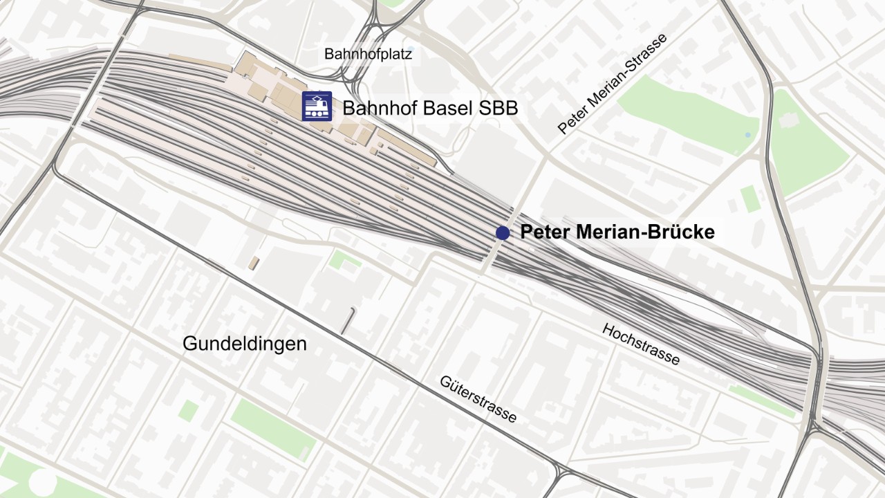 Die Karte zeigt die Lage der Peter Merian-Brücke in Basel.