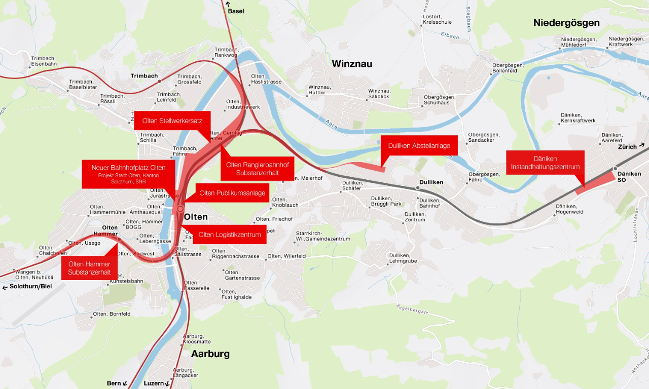 Die Grafik zeigt den Grossraum Olten und die geplanten Infrastrukturausbauten.