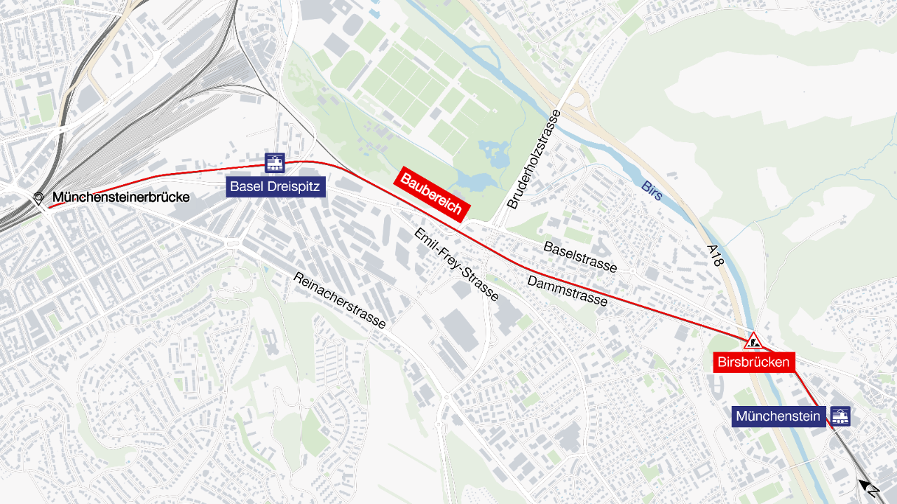 Die Grafik zeigt rot eingefärbt den Perimeter, innerhalb welchem die Arbeiten von Juli bis September 2024 stattfinden.
