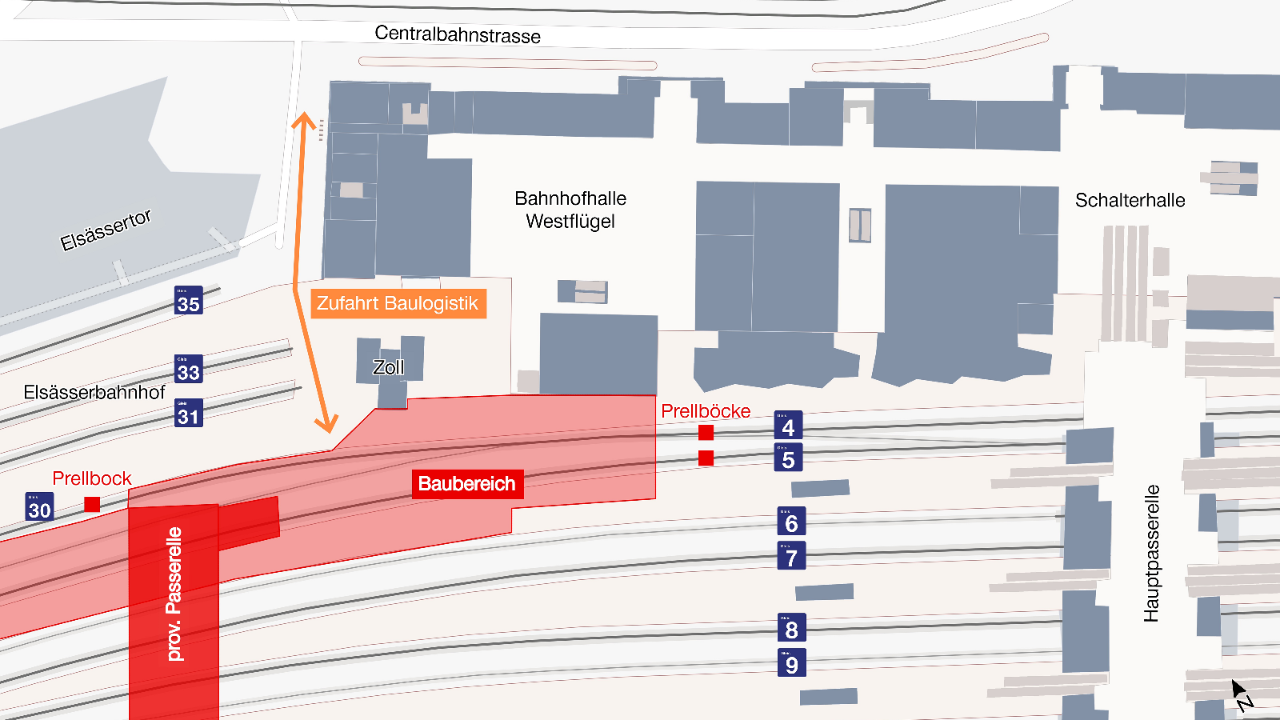 Die Grafik zeigt in Rot den abgesperrten Baubereich im Elsässerbahnhof sowie mittels orangem Pfeil die Zufahrt für die Baulogistik