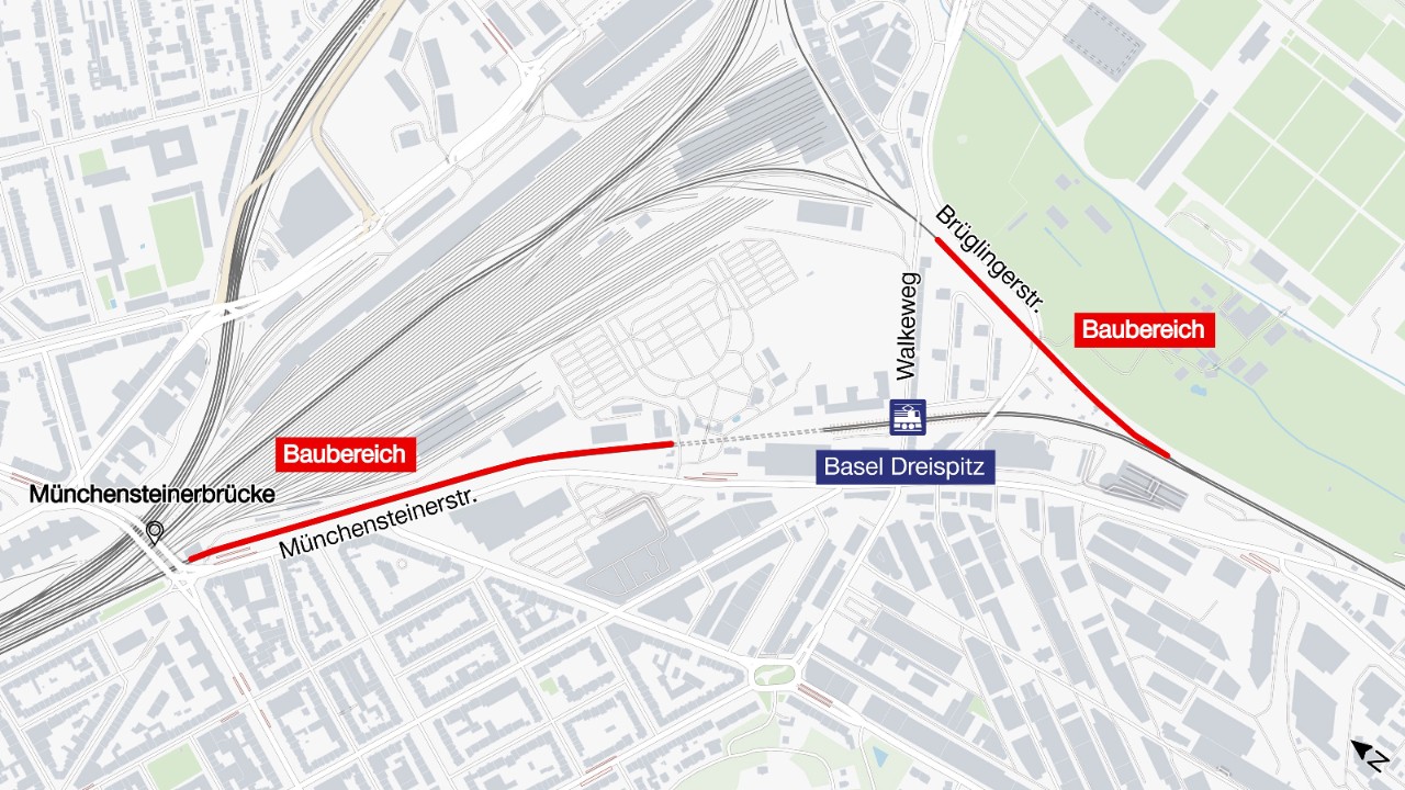 Der Plan zeigt rot markiert die beiden Streckenabschnitte, auf denen im Juni 2025 Nachtarbeiten geplant sind. Die Abschnitte liegen zwischen der Münchensteinerbrücke und Basel Dreispitz sowie im Ruchfeld.