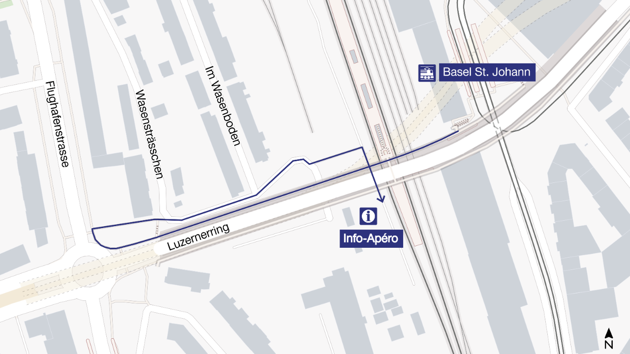Die Karte zeigt, wo der Info-Apéro stattfindet: in den Baucontainern auf dem Installationsplatz Kannenfeld Nord 1 gegenüber dem gemeinsamen Neubau des Naturhistorischen Museums Basel und des Staatsarchivs Basel-Stadt im St. Johann. Der Fussweg zu den Containern ist blau eingezeichnet. 