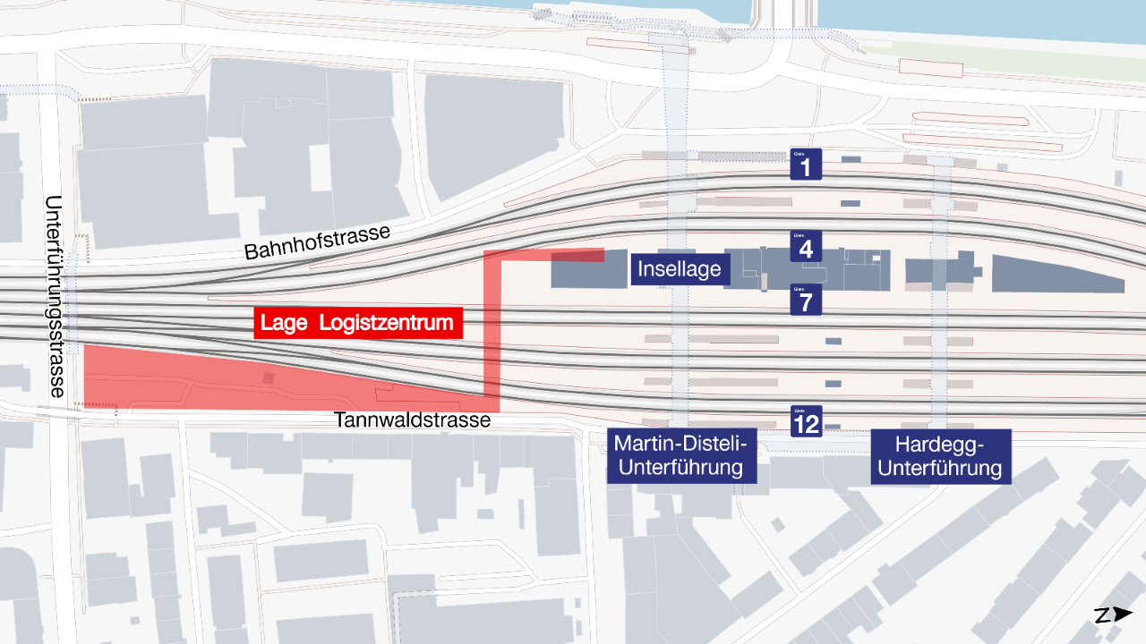 Übersichtskarte des Bahnhofs Olten mit den Gleisanlagen und den umliegenden Strassen. Eine rot markierte Fläche südlich der Gleise zwischen Unterführungsstrasse und Martin-Disteli-Unterführung zeigt die ungefähre Lage des geplanten Logistikzentrums entlang der Tannwaldstrasse.