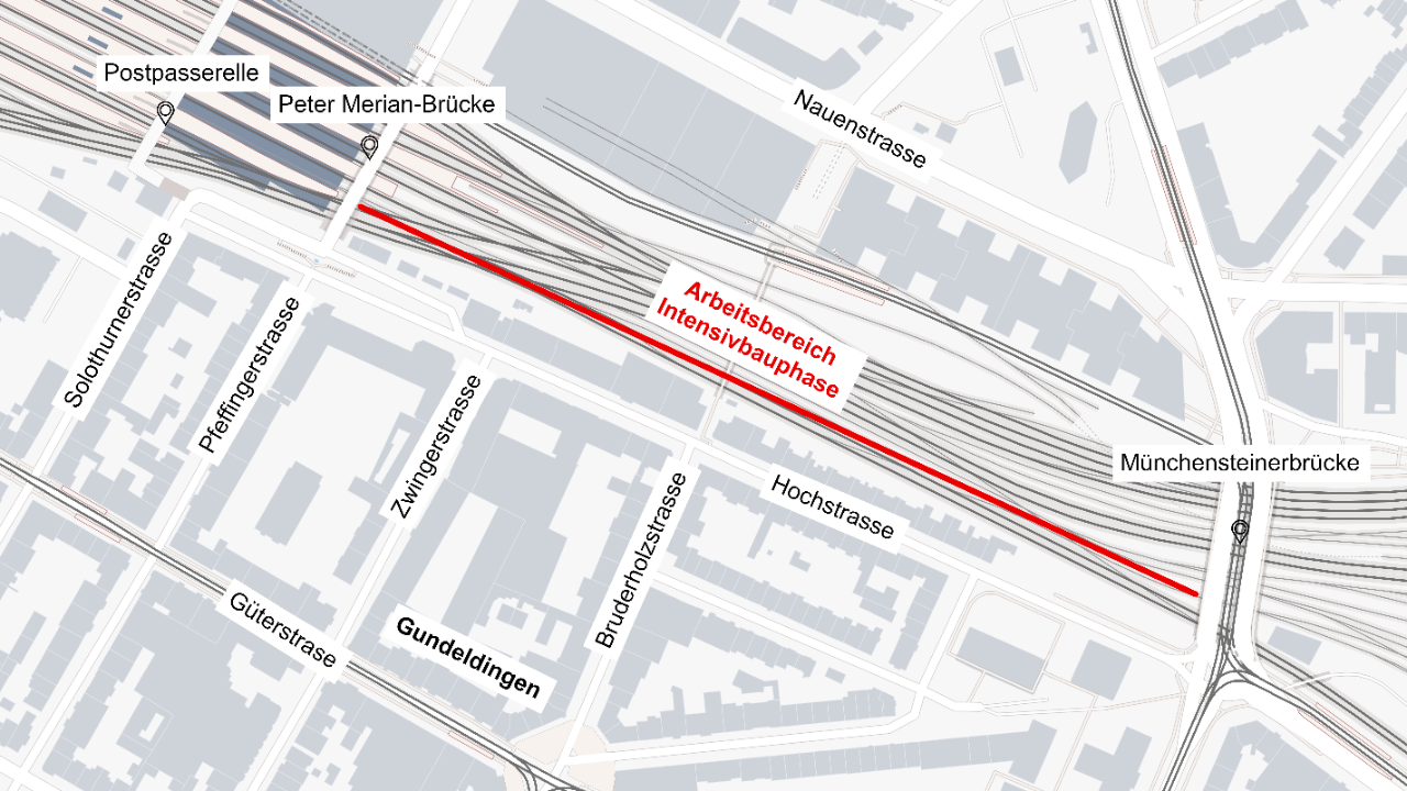 Die Grafik zeigt den Bereich der östlichen Zufahrt zum Bahnhof Basel SBB, in welchem die Intensivbauphase stattfindet.