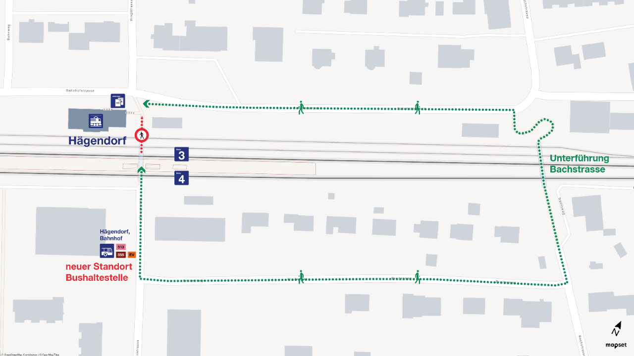Der Plan zeigt den Bahnhof Hägendorf mit der Umleitung für den Zugang zur Nordseite und der provisorischen Standort der Bushaltestelle  «Hägendorf, Bahnhof». Die Personenunterführung ist vom 13. Mai bis 16. Juni 2024 gesperrt.