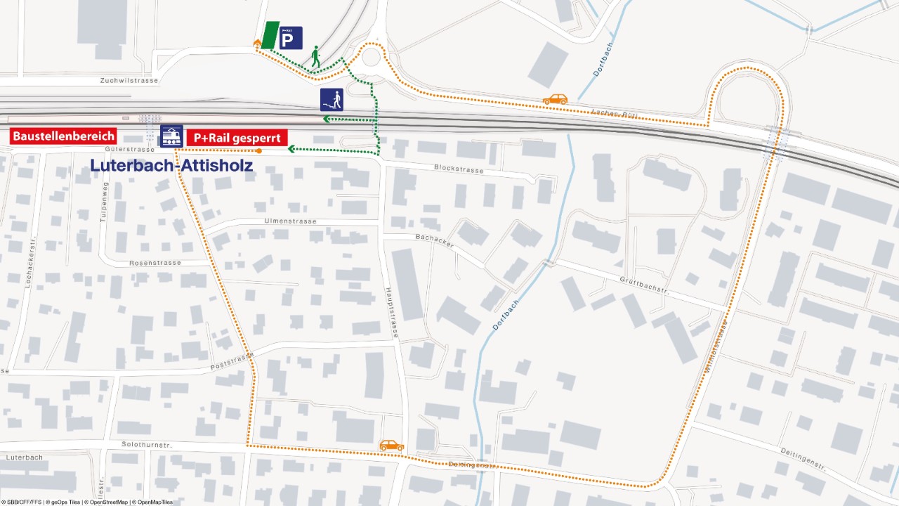 Die Grafik zeigt den Bahnhof Luterbach-Attisholz mit dem provisorischen P+Rail Parkplatz im vereinfachten Überblick.