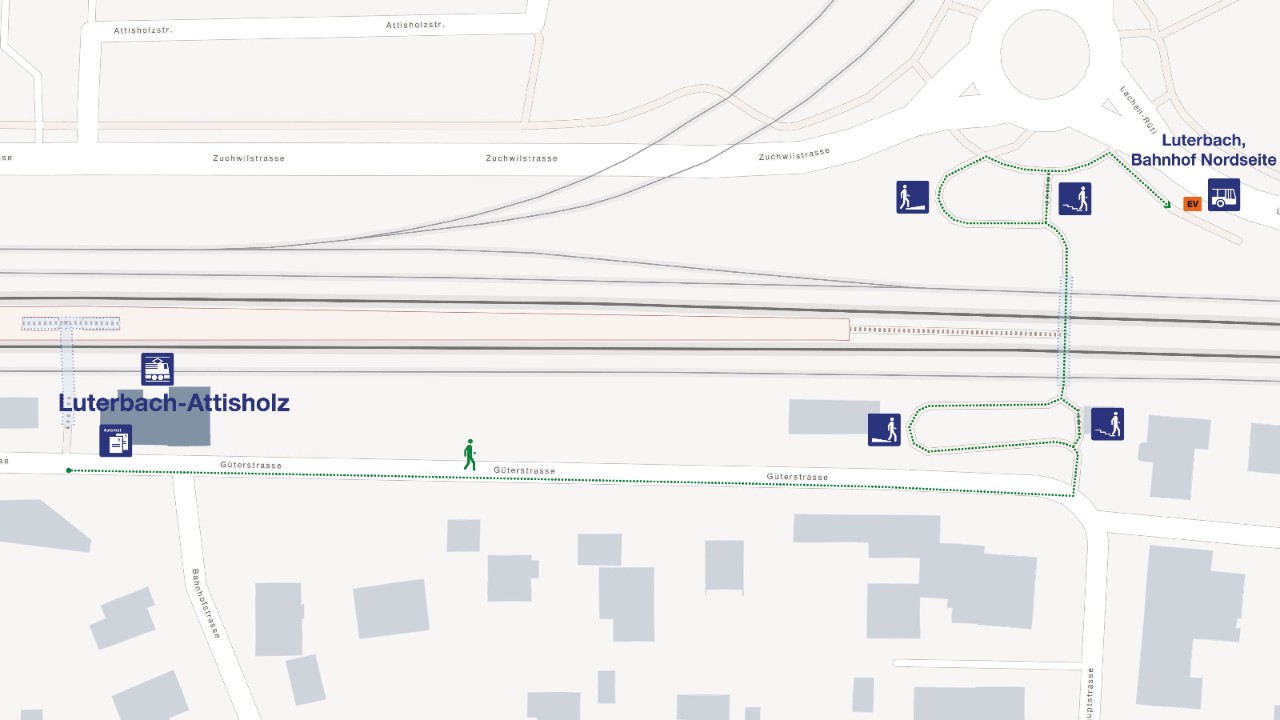 Die vereinfachte Grafik zeigt die Signalisierung für Fussgänger zur Ersatzhaltestelle, Bahnhof Luterbach Nord