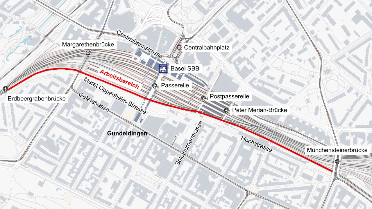 Die Grafik zeigt grob, in welchem Bereich die Arbeiten im Bahnhof Basel SBB stattfinden. Die Arbeiten sind primär im Gundeldinger-Quartier, auf der Bahnhofsüdseite, hörbar.
