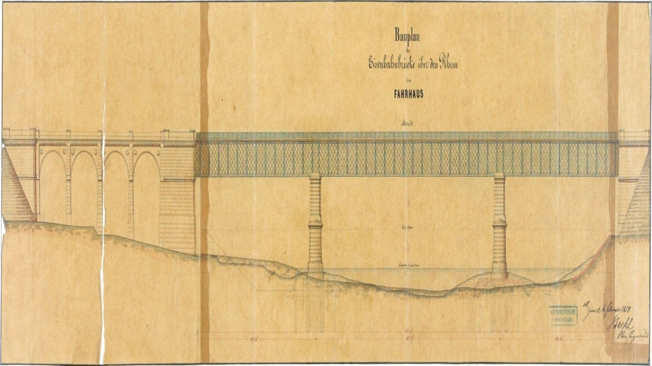 Der originale Bauplan von 1858 zeigt die Brückenkonstruktion, am schweizerischen Ufer: ein gemauertes Viadukt mit halbkreisförmigen Gewölbebögen.