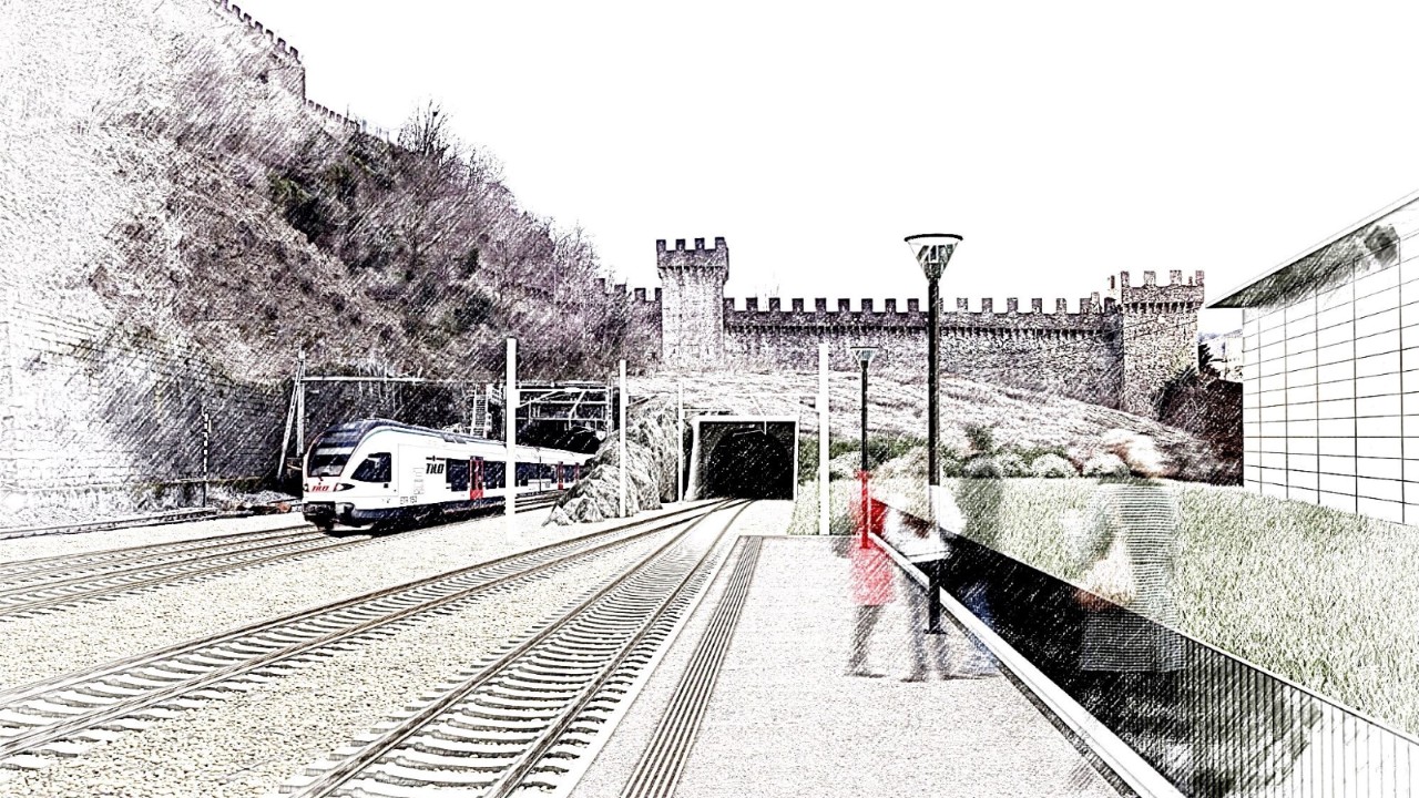 Rendering del futuro portale nord della nuova galleria Svitto II, del nuovo marciapiede 10 (ex 809) alla stazione di Bellinzona e nuova vista sulla murata storica difensiva.