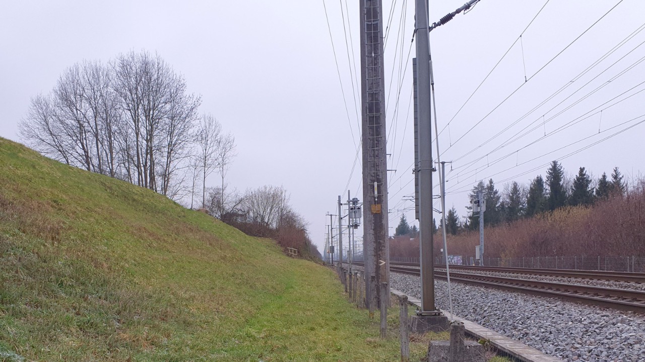 Das Foto zeigt die Bahnstrecke im Bereich des künftigen Güterüberholgleises (Blick in Richtung Zürich).