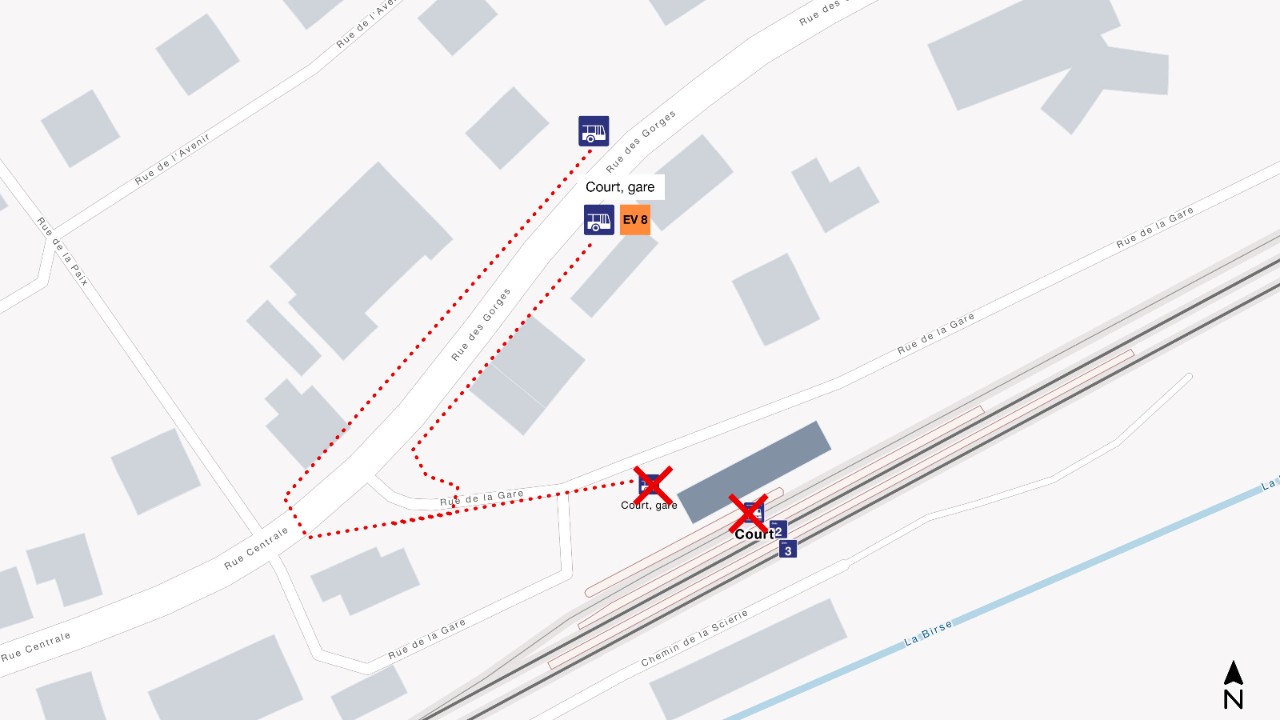 Plan avec emplacement de la localisation de l’arrêt Court, gare.