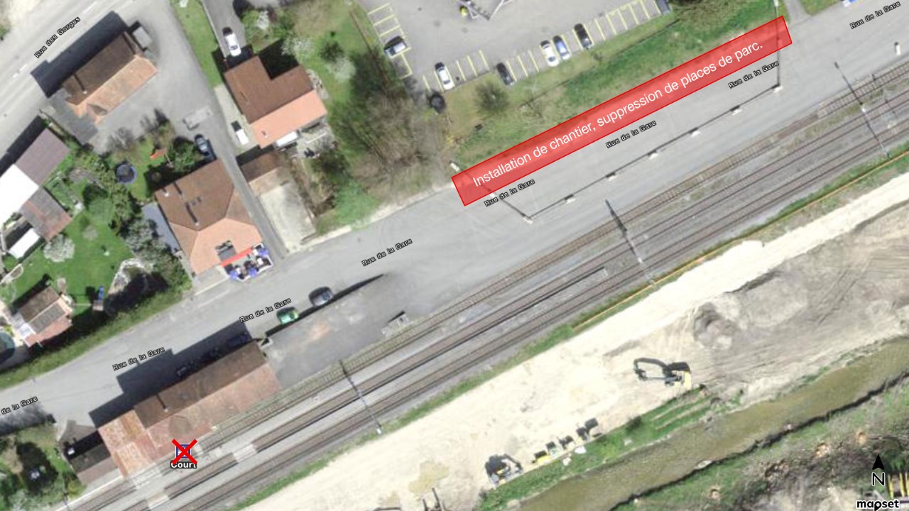Plan de l’installation de chantier et suppression de places de parc à Court.