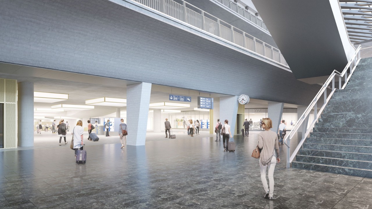 Das Bild zeigt eine Visualisierung der neuen Verteilebene des Tiefbahnhofs Luzern.