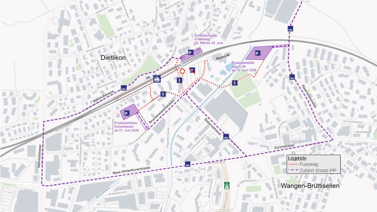Die Grafik zeigt die Umleitungen und Ersatzparkplätze aufgrund der Bauarbeiten. 