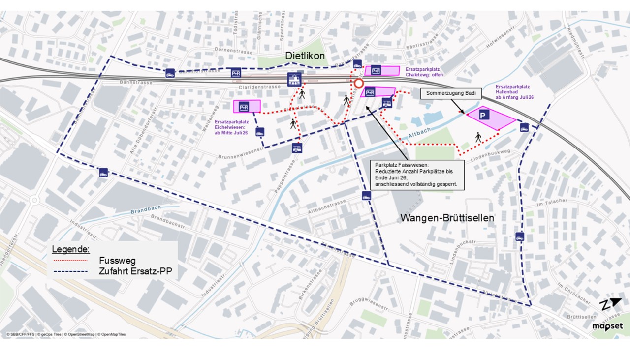 Die Grafik zeigt die Umleitungen und Ersatzparkplätze aufgrund der Bauarbeiten. 