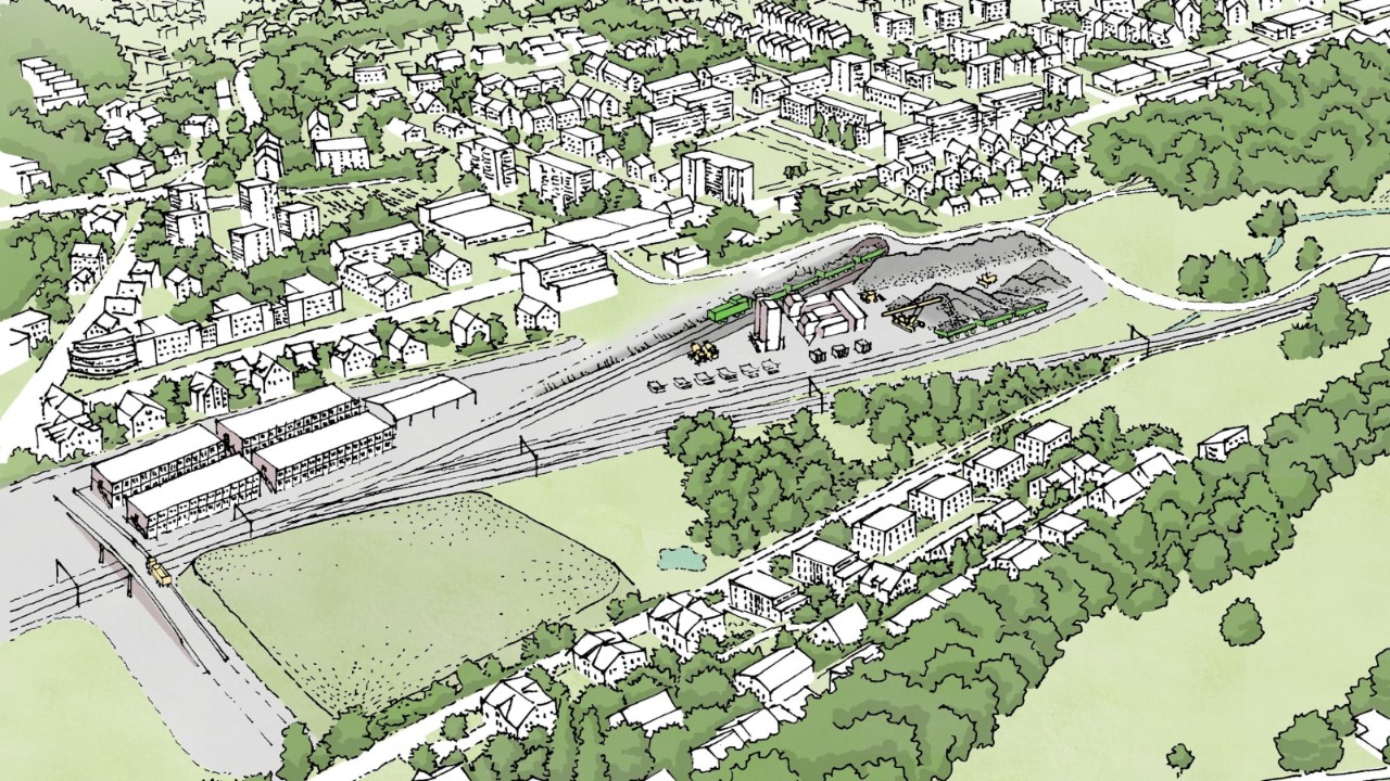 Das Bild zeigt eine Visualisierung der Installationsfläche in Ebikon mit einem Containerdorf entlang der Bahngleise und grossen Bauinstallationen.
